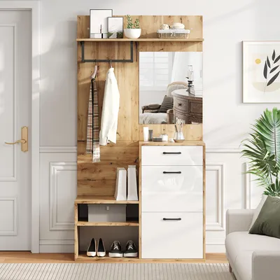 Produktbild von MODFU Hängeschrankregal Garderobenständer mit Spiegel,Schuhbank,Schuhschrank,Flurschrank,Garderobe mit 1 Schublade und 2 Schränken,Flurgarderobe Weiß