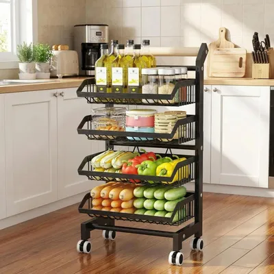 Obrázek produktu pro Kovový regál do kuchyně – mobilní vozík – 4 úrovně – otočná kolečka o 360° – volně stojící víceúčelový vozík – úložný prostor do kuchyně – černá barva