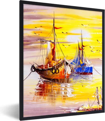 Produktbild von MuchoWow® Gerahmtes Poster Malerei - Boot - Wasser - Ölfarbe 30x40 cm - Poster mit Schwarzem Bilderrahmen Wandposter Rahmen Foto Bilder - Wanddeko - Kunstdrucke