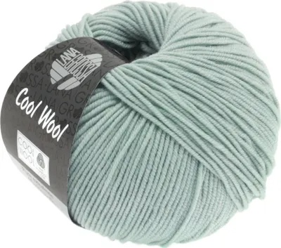 A ball of light green yarn with a black label wrapped around it.