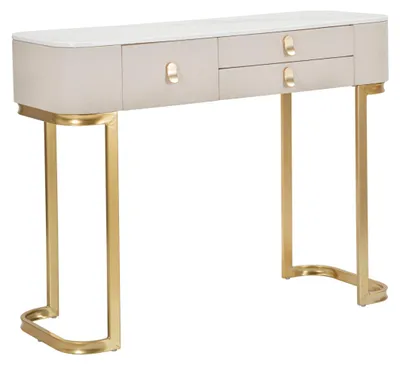 Zdjęcie produktu dla Konsola Glam Beauty 100x40x80 cm z 3 szufladami - Biała konsola materiałowa z blatem imitującym marmur - Złote detale - Konstrukcja z drewna i metalu