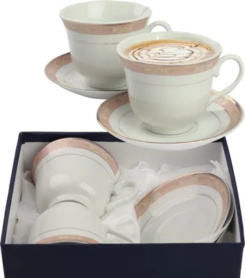 Zdjęcie produktu dla Zestaw Filiżanek Z Talerzykami Na Prezent 250 Ml Porcelana Do Kawy Herbaty Białe ELENA