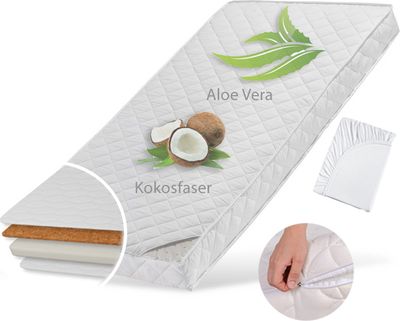 Kindermatratze KOKOS 90x200 cm mit gestepptem Aloe Vera-Bezug und Spannbettlaken, 10 cm hoch, Körpergewicht bis 60 kg, Babymatratze Kindermatratze 90 x 200 Kokos-Matratze für Babybett oder Kinderbett