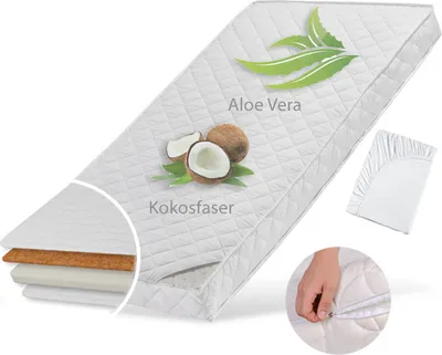 Produktbild von Kindermatratze KOKOS 90x200 cm mit gestepptem Aloe Vera-Bezug und Spannbettlaken, 10 cm hoch, Körpergewicht bis 60 kg, Babymatratze Kindermatratze 90 x 200 Kokos-Matratze für Babybett oder Kinderbett
