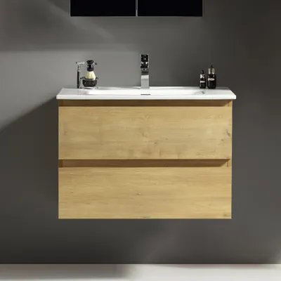 Produktbild von Alpenberger Waschbecken mit Unterschrank 80 cm Breit Eiche Natur | Aufsatzwaschbecken Waschbeckenunterschrank Waschplätze | Waschtisch Gäste WC Möbel Set | Waschtischunterschrank Hängend