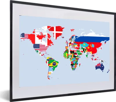 Produktbild von MuchoWow® MuchoWow® Gerahmtes Poster Welt - Karte - Flagge - Länder 60x40 cm - Poster mit zchwarzem Bilderrahmen - Schlafzimmer - Plakat in Rahmen - Drucken