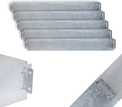 A stack of metal edging strips and a close-up of how they attach to a larger metal structure.