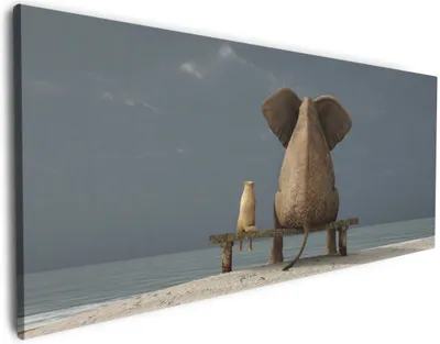 Produktbild von Wallario Premium Leinwandbild Elefant und Hund sitzen auf einer Bank in Größe 60 x 150 cm