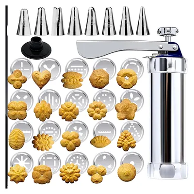 Produktbild von Gebäckpresse, Keksmaschine, Teigpresse aus Edelstahl, Gadgets Zum Keksbacken, mit 20 Schablonen und 8 Tüclen Plätzchenpresse, Spritzgebäck Maschine, Zum Backen von Keksen und Dekorieren von Kuchen