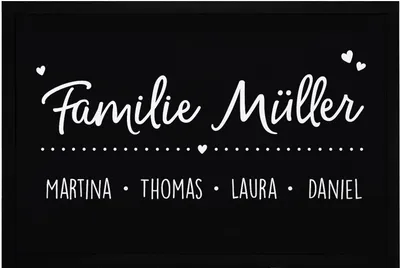 Produktbild von Fußmatte mit Namen Familie Vornamen Familienname Herzen personalisiert rutschfest & waschbar SpecialMe® weiß 60x40cm