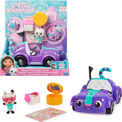 Gabby's Dollhouse Carlita & Pandy Paws Picnic toy set in its packaging, with additional accessories shown separately.