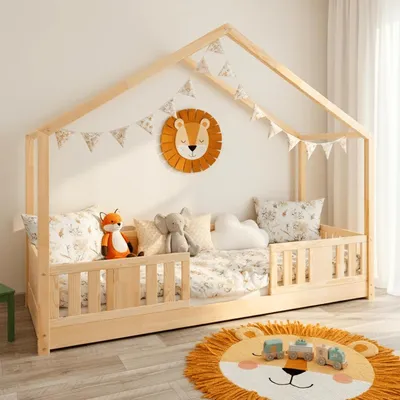 Produktbild von MEBLE WRÓBEL Bodenbett 90x190 cm - Montessori Kinderbett mit Rausfallschutz & Lattenrost - Hausbett aus Kiefer Unlackiert - Kleinkindbett für Jungen & Mädchen