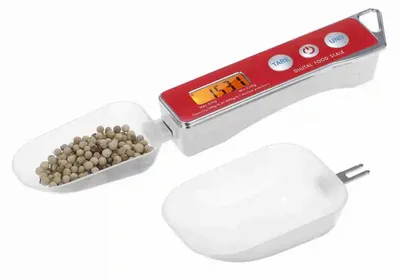 Produktbild von Digitale Löffelwaage mit Tara-Funktion, 0,05–500 g, 2 abnehmbare Messlöffel mit 30 ml und 80 ml - Rot