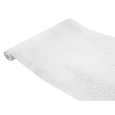 A roll of textured, gray and white peel-and-stick wallpaper is shown diagonally against a white background.