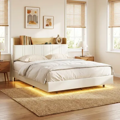 Produktbild von INONEFT Schwebebett 140 x 200 cm, Polsterbett mit LED und USB, Doppelbett mit Lattenrost, Kopfteil mit Stauraum, PU, Weiß, ohne Matratze