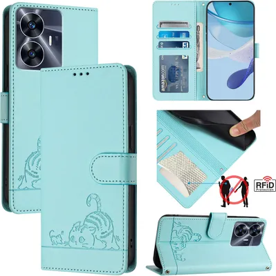 Produktbild von Leder Hülle für Realme C55 /Realme Narzo N55 Süße Katze Flip Case Brieftasche Schutzhülle mit Standfunktion hellgrün