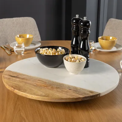 Produktbild von riess-ambiente Drehteller SERVANT 50cm weiß natur Marmor Mangoholz rund Dekoplatte Serviertablett Servierteller Dekoration Ablage