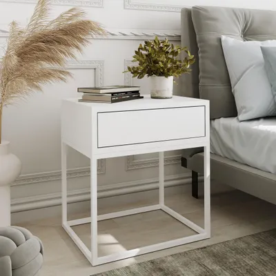 Produktbild von AX LIVING Nachttisch Kommode Aleio in Weiß mit weißem Metallgestell