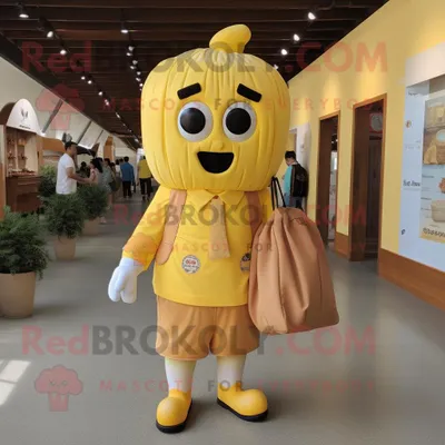 Immagine prodotto di Personaggio in costume mascotte REDBROKOLY gelato giallo vestito con una camicia abbottonata e borse tote