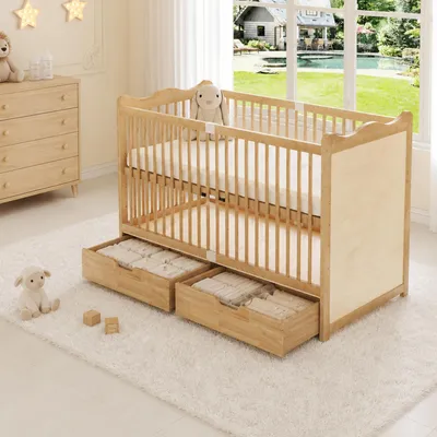 Imagen del producto de Cuna para bebé MODFU, 70 x 140 x 100 cm, cuna con barrotes y cajones, hecha de madera de pino, con somier ajustable en 4 alturas. Color natural (sin colchón)