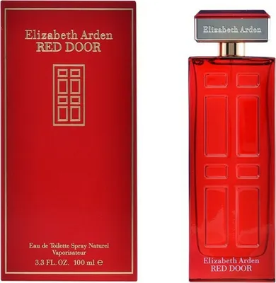 A red box and a red perfume bottle are displayed side-by-side against a white background.