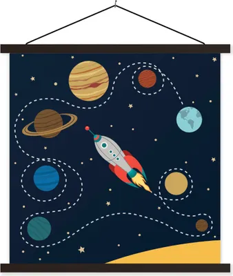 Produktbild von MuchoWow® Textilposter Eine Illustration einer Rakete, die durch das Sonnensystem fliegt 120x120 cm mit schwarzem Rahmen - Aufhängungsset