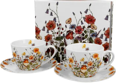 Obrázek produktu pro DUO | Šálky – podšálky – 280 ml – sada 2 ks – květinový vzor – porcelánový šálek – v dárkové krabičce