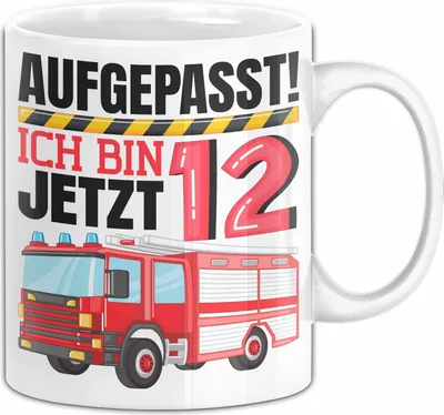 Produktbild von 12. Geburtstag Geschenk Tasse Becher Jungs Feuerwehr Aufgepasst Ich Bin Jetzt 12 (Weiß)