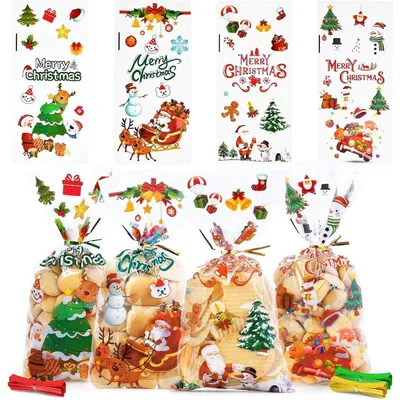 Image de 120 sachets en cellophane pour Noël, avec rubans de fermeture, transparents, dimensions : 13,5 x 27,5 cm