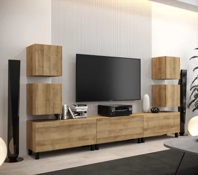 Produktbild von Furnitech Wohnwand Wohnzimmer - Wohnzimmer Möbel mit LED RGB - 16 Farben - Hängend Wohnwand Modern - Regale und TV Schrank (AN107-21DZ-M6)