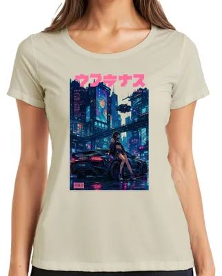 Productafbeelding van UWATENAS T-shirt voor dames, met een futuristisch ontwerp in cyberpunk-stijl, geïnspireerd door anime, Japan, de Y2K-tijd en synthwave. Kleur: naturel. Maat: L