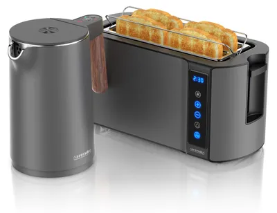 Image de Arendo Breakfast Set acier inoxydable, Bouilloire avec réglage de la température 1,5l, Grille-pain 4 disques à fentes longues, Grille-pain 4 disques, Support à petits pains, Touch, Cool Grey