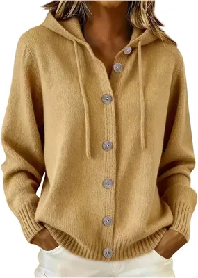 Produktbild von ASKSA Damen Strickjacke Langarm Strickcardigan Einfarbig Pullover mit Knopfleiste Kapuze Warm Gestrickt Kapuzenpullover Casual Cardigan (Khaki,S)