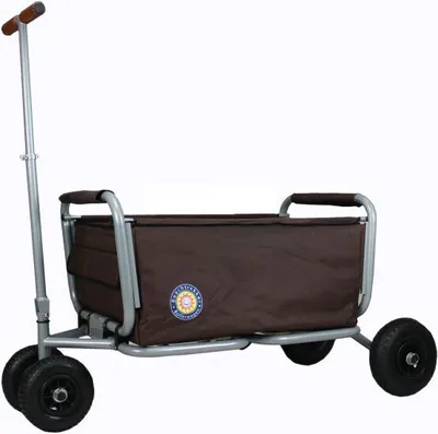 A brown folding wagon with a gray frame and black wheels is shown against a white background.