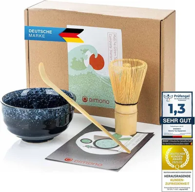 Produktbild von Traditionelles Matcha Tee-Set Japanisch – Komplett-Set in Grün mit Teeschale, Bambusbesen (Chasen), Dosierlöffel (Chashaku) & Besenhalter