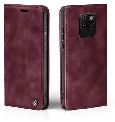 A burgundy flip case for a smartphone is shown from two angles.
