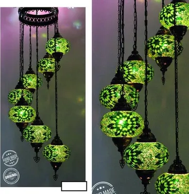 Produktbild von Turkische Hängelampe - Handgefertigte Mosaiklampe - Marokkanische Deckenleuchte - 7 Glaskugeln - Grün