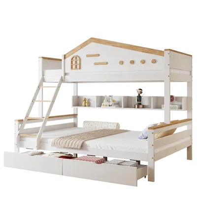 Produktbild von Etagenbett mit 2 Liegeflächen, Schubladen und Lattenrost, 90x200cm/140x200cm, Kinderbett mit Rausfallschutz