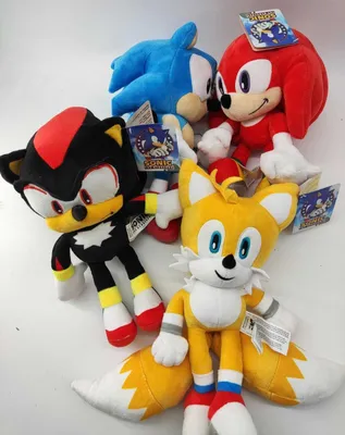 A collection of Sonic the Hedgehog plush toys.