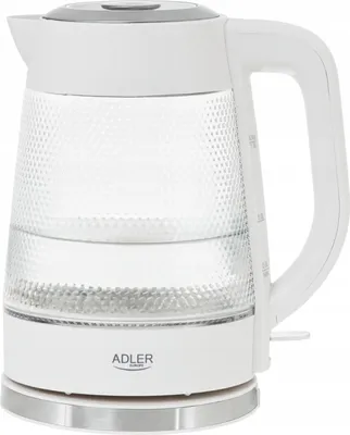 A white electric kettle with a glass body is shown against a white background.