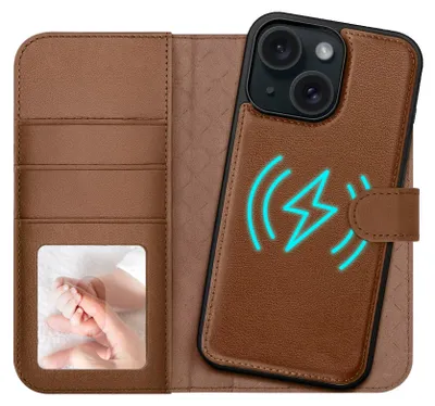 Image de 2in1 Étui portefeuille magnétique pour téléphone portable iPhone 15 Étui Protection RFID, étui magnétique amovible, compatible MagSafe, étui antichoc avec fenêtre photo