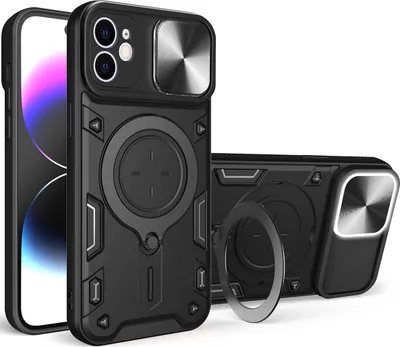Obrázek produktu pro Pouzdro pro iPhone 11 dvojvrstvé odolné pouzdro s ochranným krytem kamery a kruhovým stojánkem na prsten černé
