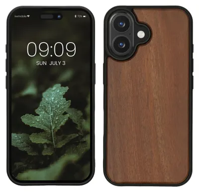 Produktbild von kwmobile Handyhülle für Apple iPhone 16 Hülle Holz - Case mit TPU Bumper - Stoßfestes Hardcase - Schutzhülle Cover in Vintage Braun Braun