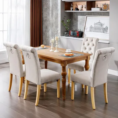 Produktbild von Samt Esszimmerstühle 4er-Set Eichenbeine Knopf Chromklopfer Beige
