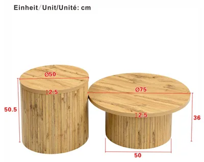 Image de Ensemble de 2 tables basses rondes - Tables d'appoint - En MDF - Avec espace de rangement - Style moderne et minimaliste - Lattes en bois - Dimensions : 75 × 75 × 36 cm + 50 × 50 × 50,5 cm - Couleurs naturelles