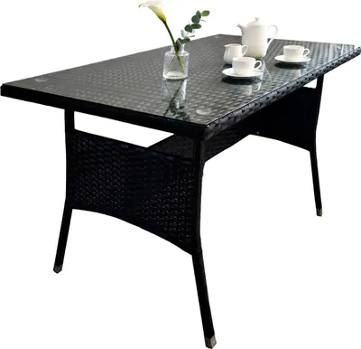 Zdjęcie produktu dla Stół ogrodowy Relaxdays, wys. x szer. x gł.: 70 x 100 x 60 cm, odporny na warunki atmosferyczne, z polirattanu, z blatem szklanym, stół do jadalni na ogród i balkon, czarny