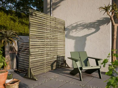 Produktbild von WOODTEX Kiefer Farbe, 180x180 cm, Sichtschutzzaun aus Holz, Lamellenzaun Gartenzaun, KDI Aosta Modell, Kiefernholz, Wetterbeständig, Einfriedung