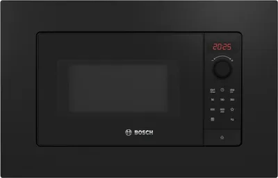 A black built-in Bosch microwave oven is shown from the front.