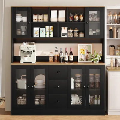 Productafbeelding van Keukenwandkast met acryl deuren, voorraadkast met LED-verlichting en stopcontacten, hoge kast met lades, 150x40x173 cm, zwart, MDF+spaanplaat