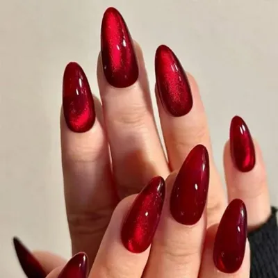 Zdjęcie produktu dla Sztuczne paznokcie samoprzylepne, 24 sztuki, ciemnoczerwony efekt "cat eye", krótkie, migdałowe, błyszczące, owalne, styl "French"